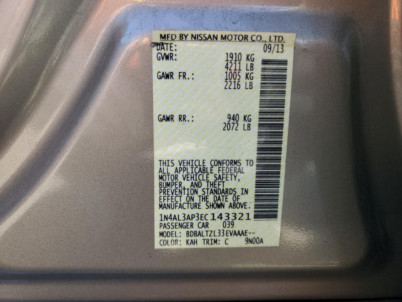 2014 Nissan Altima 2.5 VIN: 1N4AL3AP3EC143321 Lot: 85559565