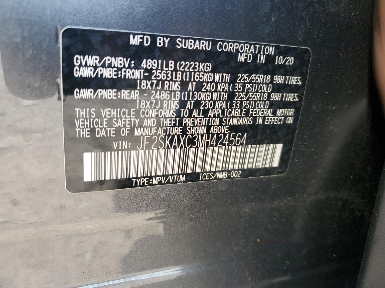 2021 Subaru Forester Touring VIN: JF2SKAXC3MH424564 Lot: 85936565