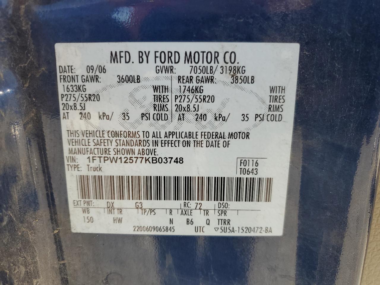 2007 Ford F150 Supercrew VIN: 1FTPW12577KB03748 Lot: 90324055