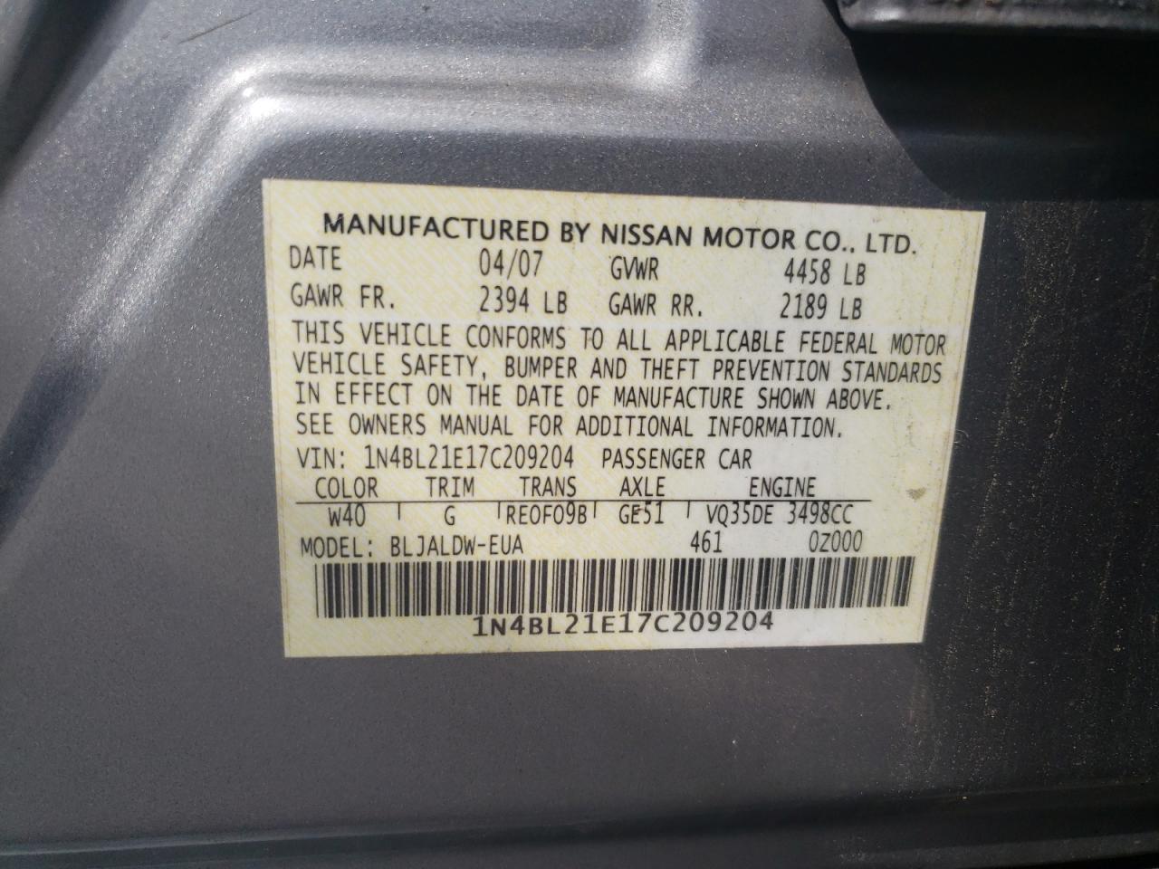 2007 Nissan Altima 3.5Se VIN: 1N4BL21E17C209204 Lot: 81984705