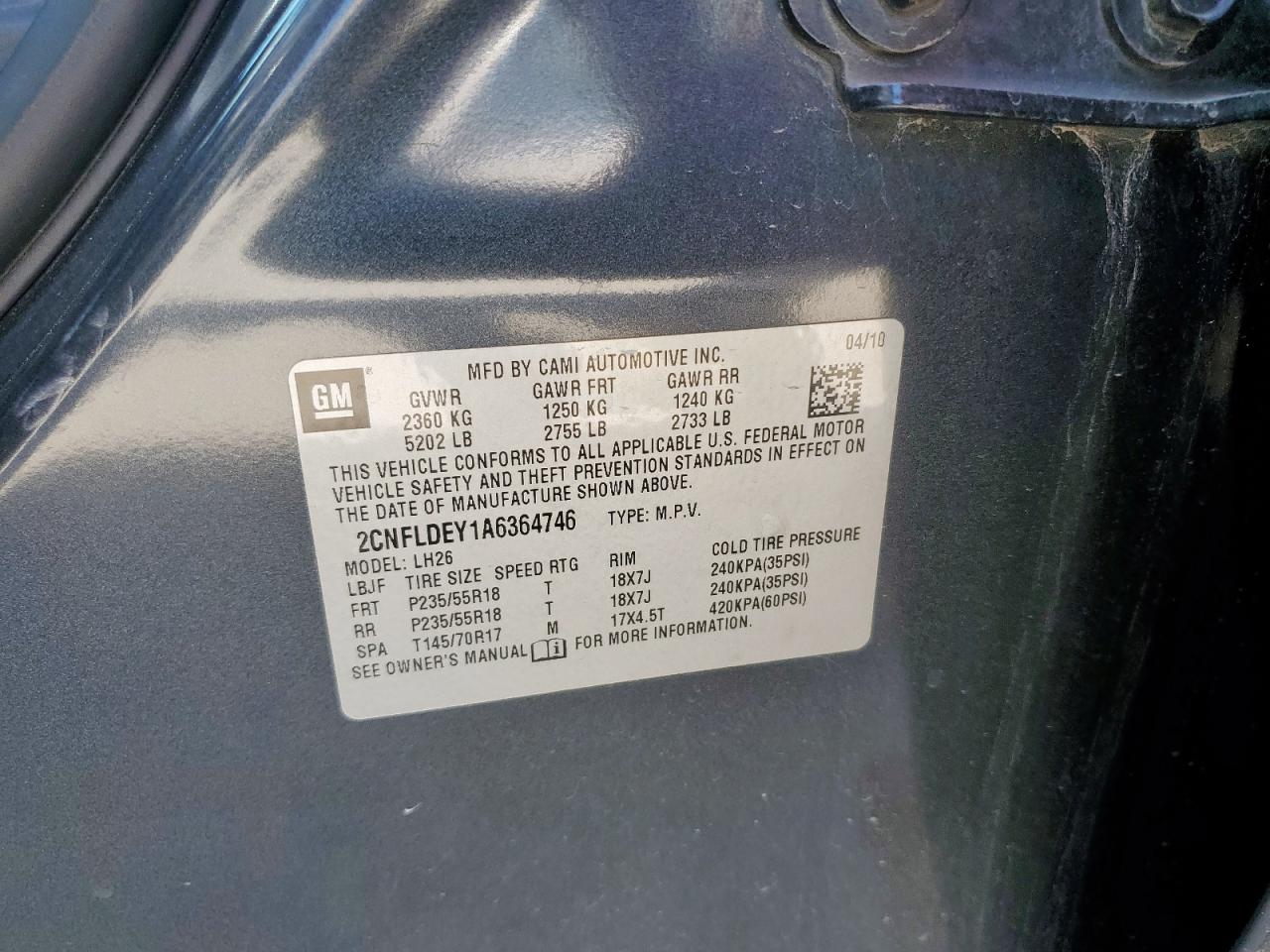 2010 Chevrolet Equinox Lt VIN: 2CNFLDEY1A6364746 Lot: 84299495