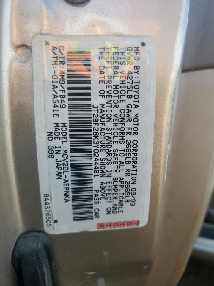 2000 Toyota Camry Le VIN: JT2BF28K3Y0244481 Lot: 86077815