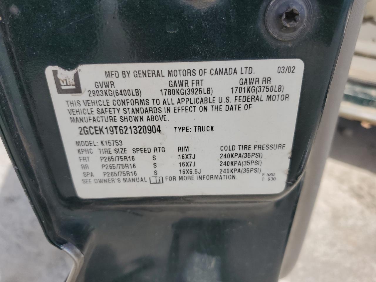 2002 Chevrolet Silverado K1500 VIN: 2GCEK19T621320904 Lot: 84950455