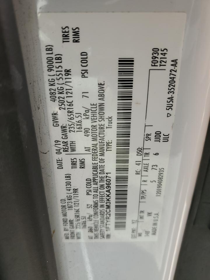 2019 Ford 250 Transit VIN: 1FTYR2CM3KKA96071 Lot: 85885485