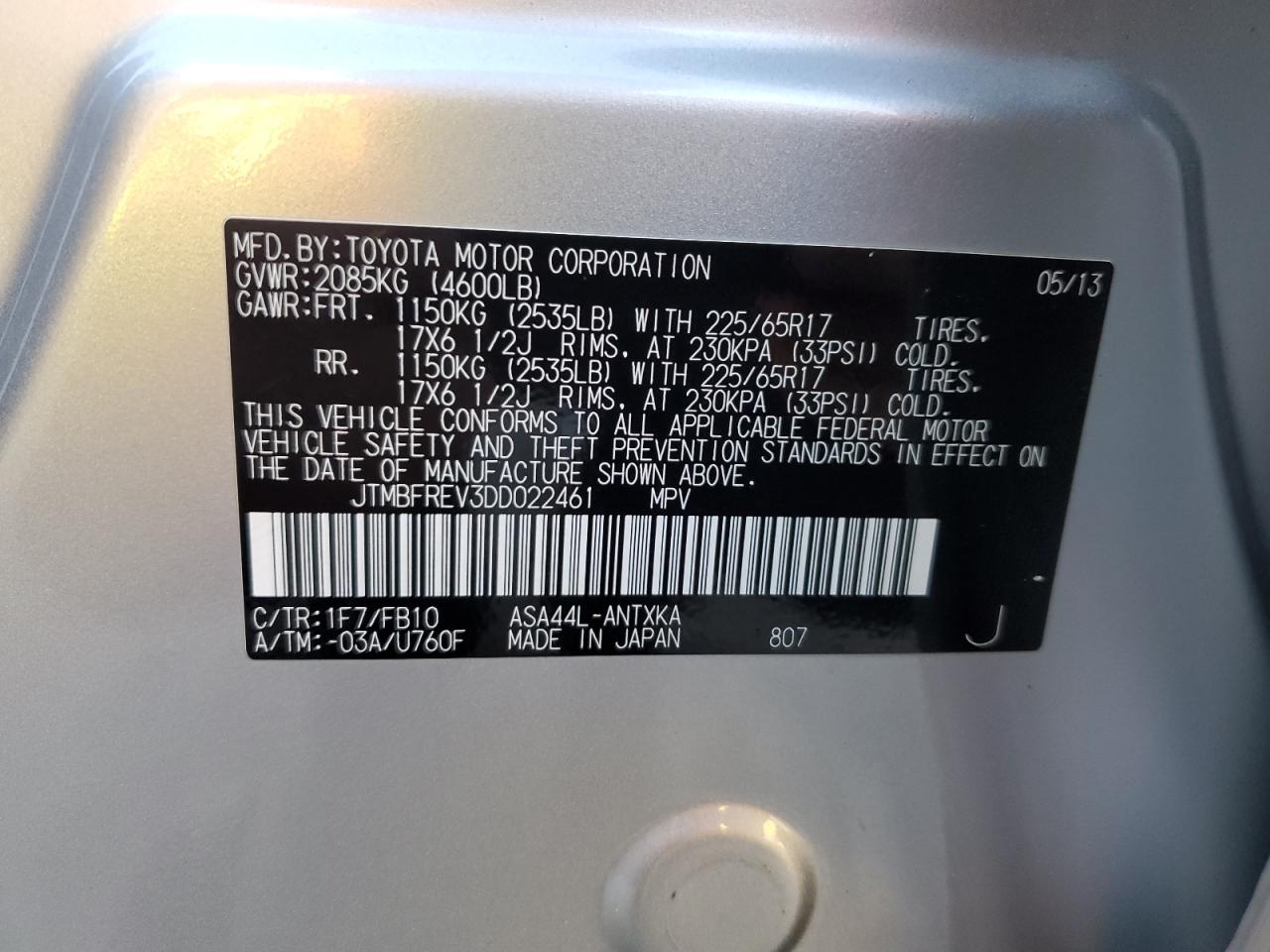 2013 Toyota Rav4 Le VIN: JTMBFREV3DD022461 Lot: 84773335