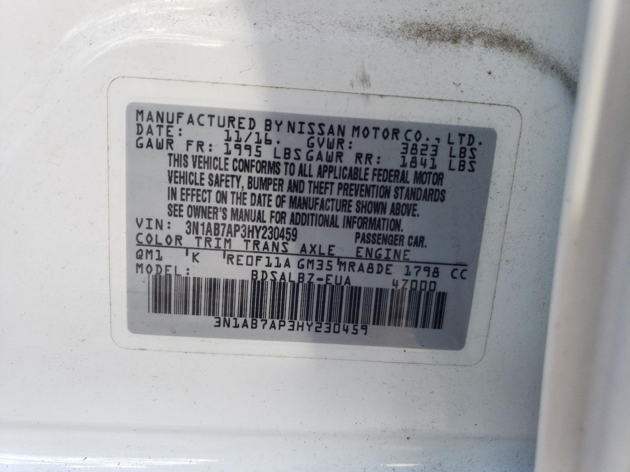 2017 Nissan Sentra S VIN: 3N1AB7AP3HY230459 Lot: 84736945