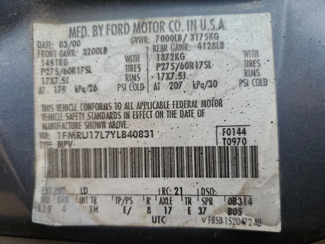 2000 Ford Expedition Eddie Bauer VIN: 1FMRU17L7YLB40831 Lot: 86040035