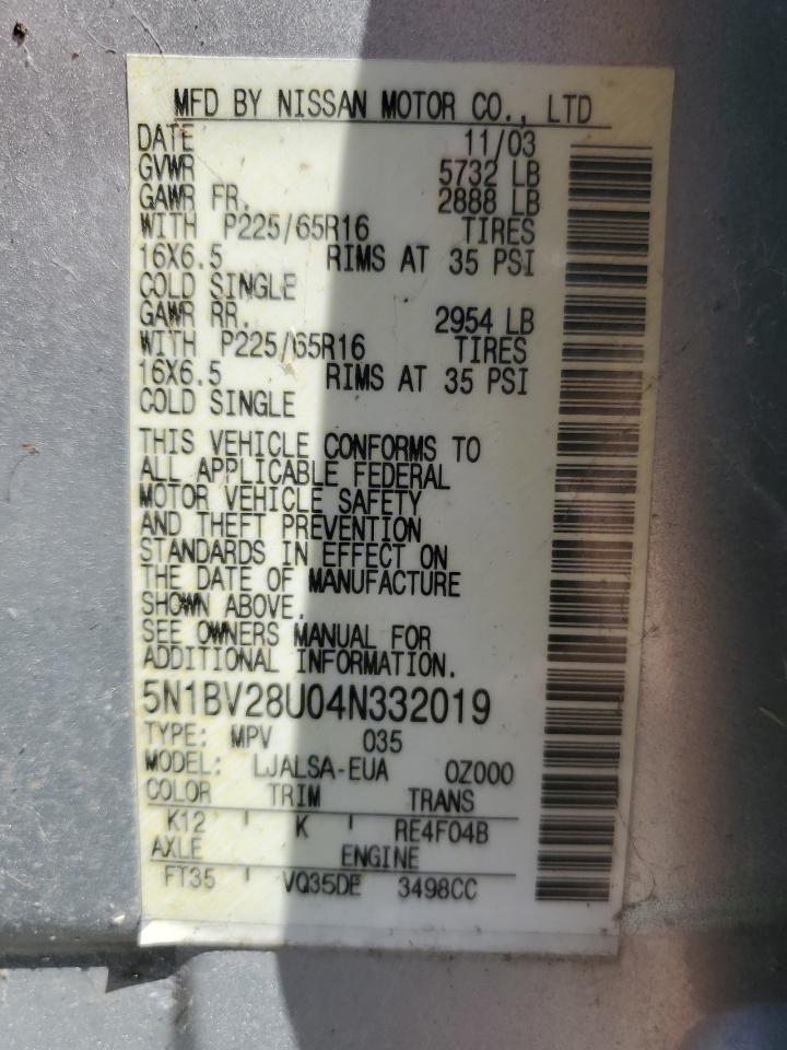 2004 Nissan Quest S VIN: 5N1BV28U04N332019 Lot: 85510745