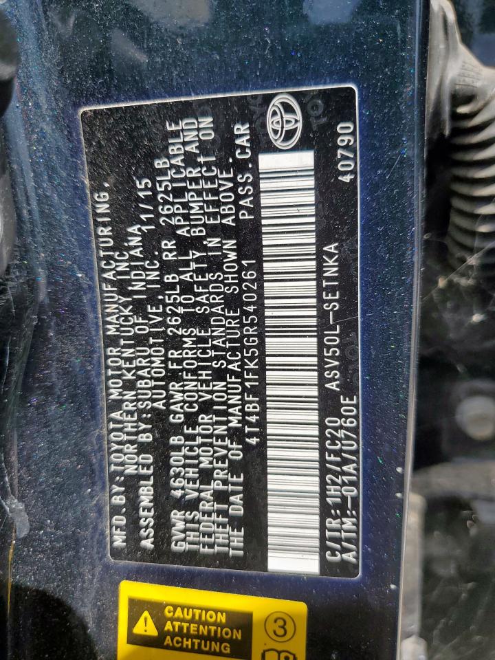 2016 Toyota Camry Le VIN: 4T4BF1FK5GR540261 Lot: 85103755