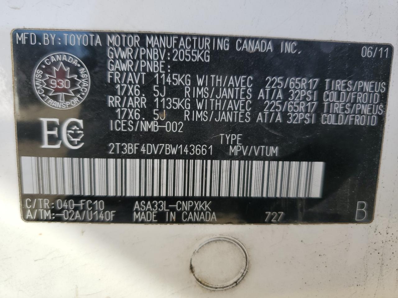 2011 Toyota Rav4 VIN: 2T3BF4DV7BW143661 Lot: 84917935