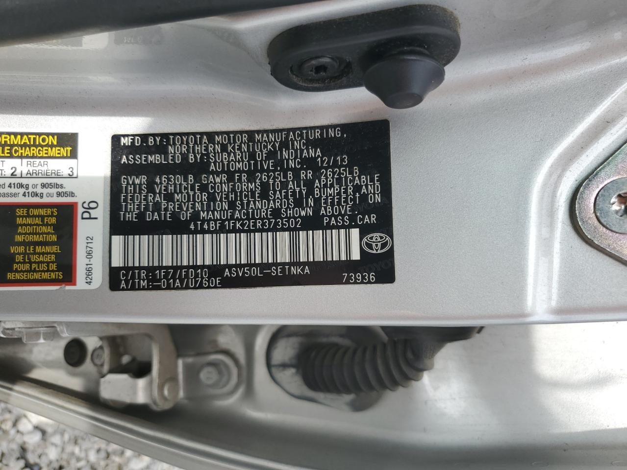 2014 Toyota Camry L VIN: 4T4BF1FK2ER373502 Lot: 82199825