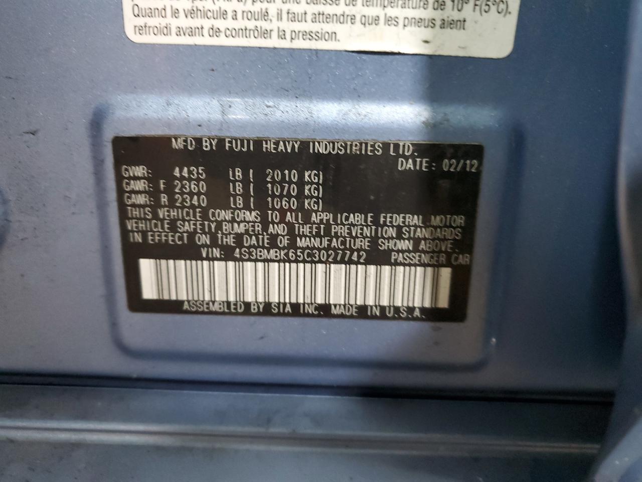 2012 Subaru Legacy 2.5I Limited VIN: 4S3BMBK65C3027742 Lot: 82303145