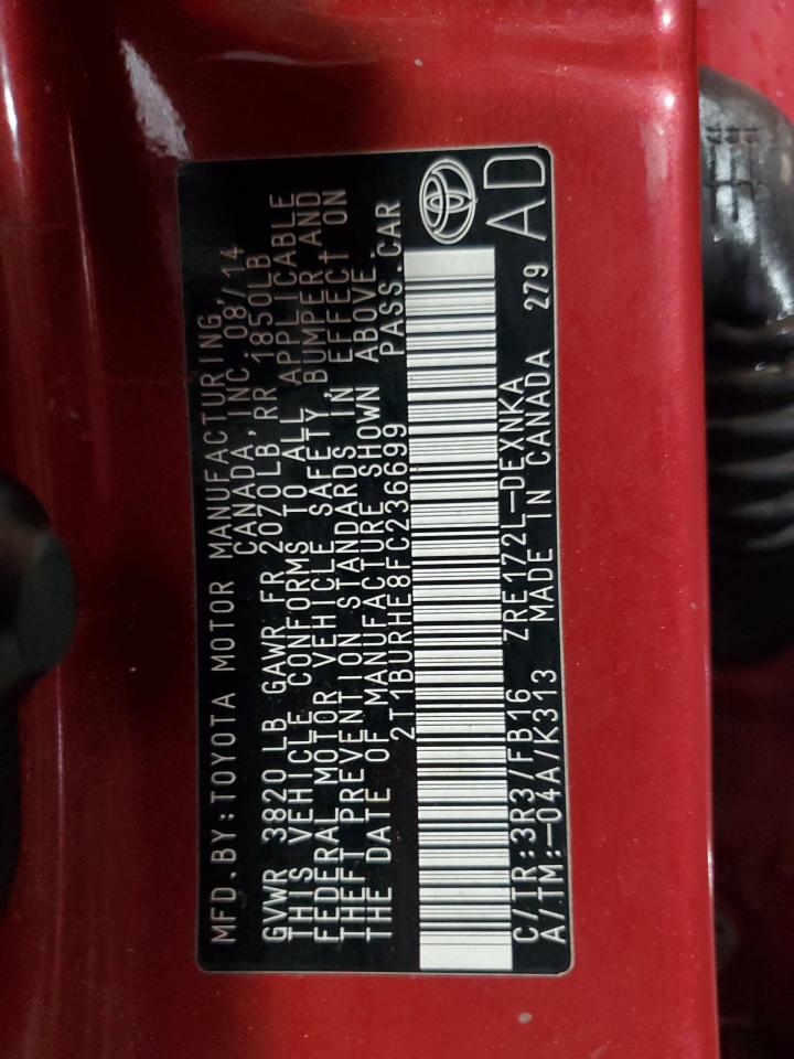 2015 Toyota Corolla L VIN: 2T1BURHE8FC236699 Lot: 85760655