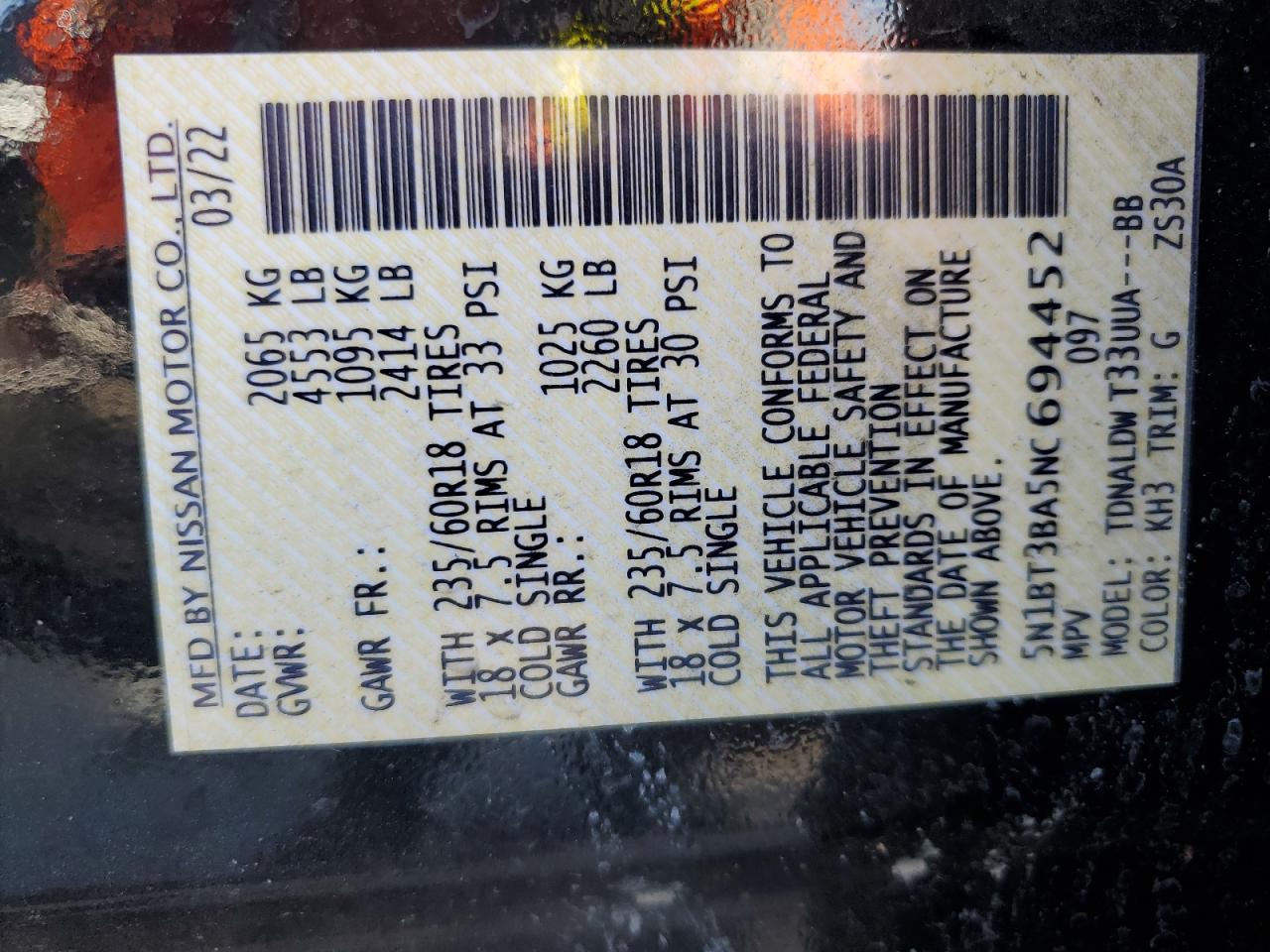 2022 Nissan Rogue Sv VIN: 5N1BT3BA5NC694452 Lot: 85119635