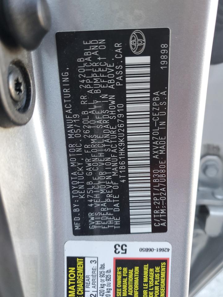 2019 Toyota Camry Xse VIN: 4T1B61HK9KU267910 Lot: 86148555