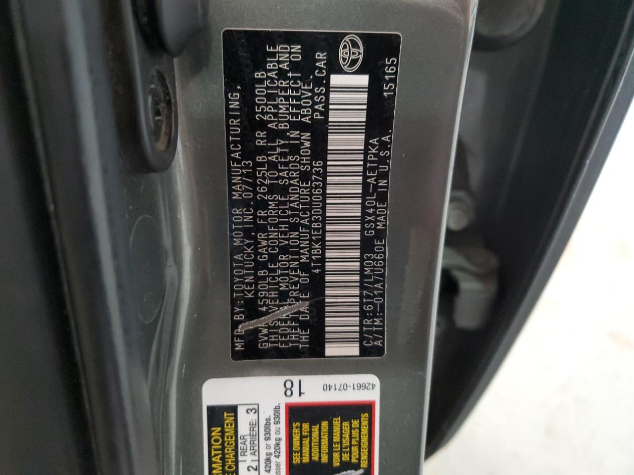 2013 Toyota Avalon Base VIN: 4T1BK1EB3DU063736 Lot: 82623985