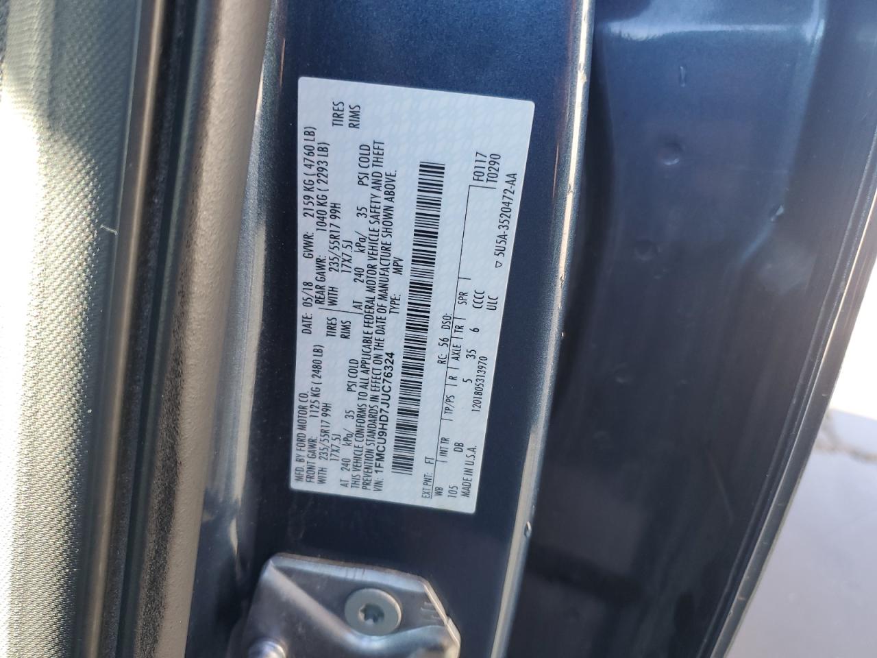 2018 Ford Escape Sel VIN: 1FMCU9HD7JUC76324 Lot: 90340055