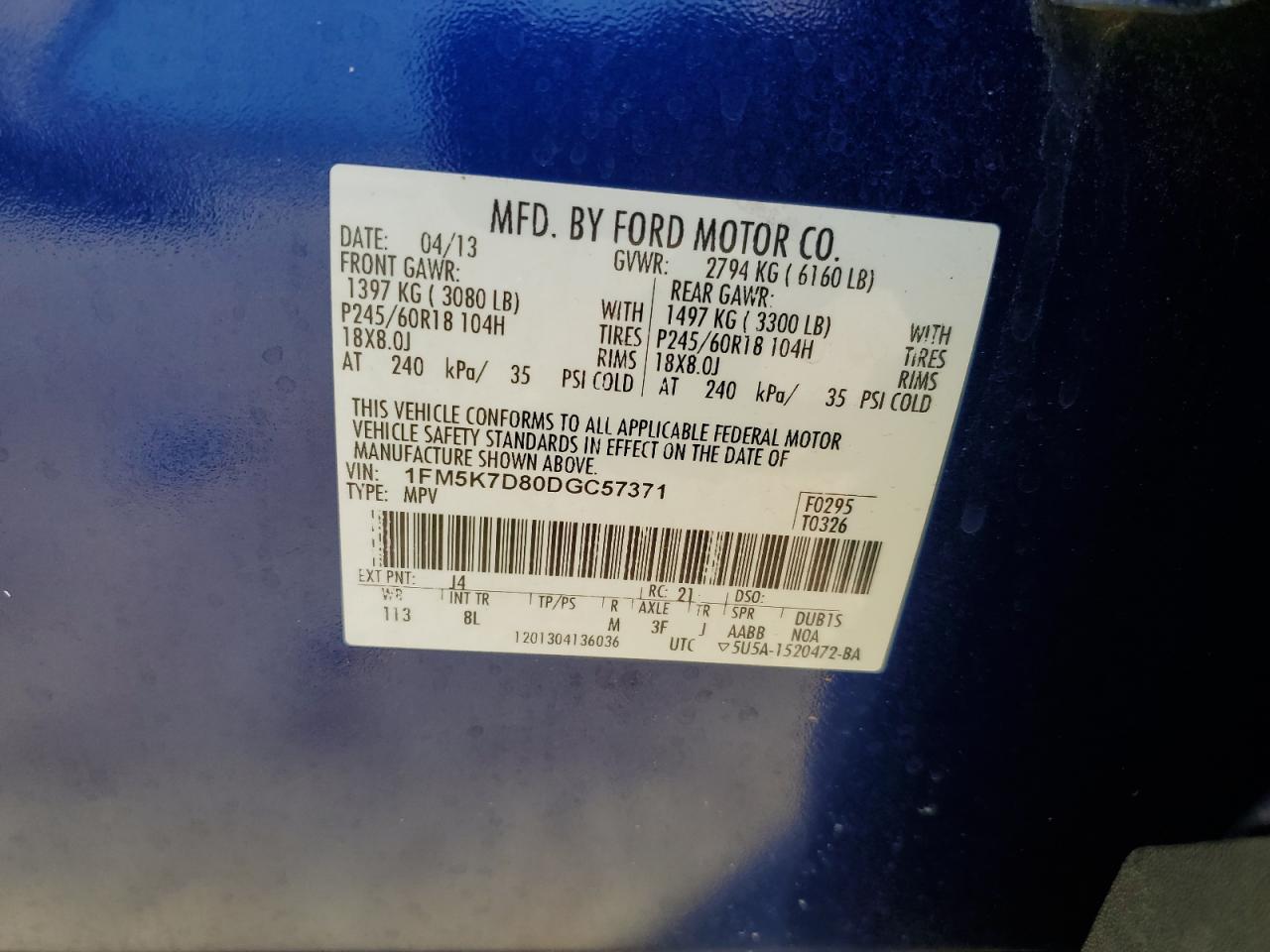 2013 Ford Explorer Xlt VIN: 1FM5K7D80DGC57371 Lot: 84771815