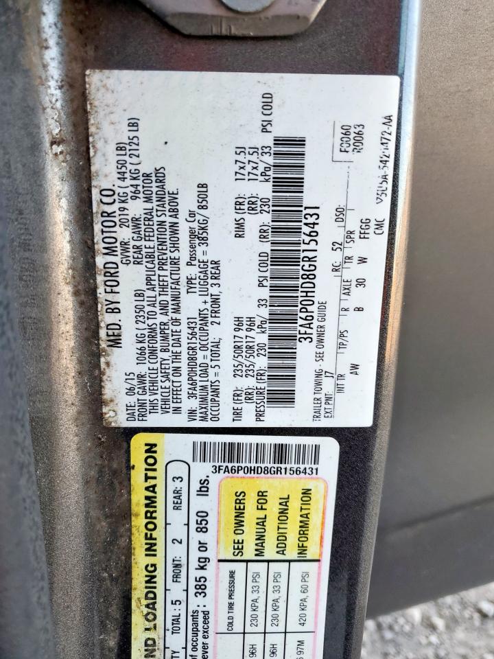 2016 Ford Fusion Se VIN: 3FA6P0HD8GR156431 Lot: 85196365