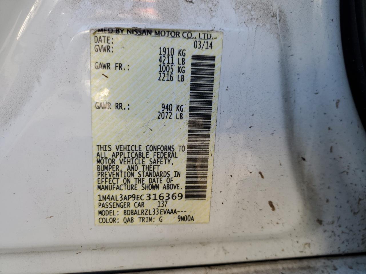 2014 Nissan Altima 2.5 VIN: 1N4AL3AP9EC316369 Lot: 82279665