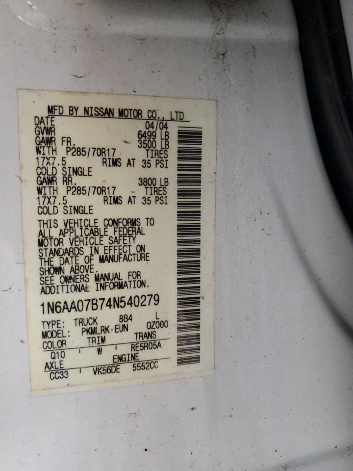 2004 Nissan Titan Xe VIN: 1N6AA07B74N540279 Lot: 86080335