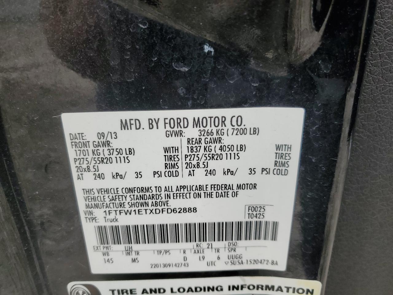 2013 Ford F150 Supercrew VIN: 1FTFW1ETXDFD62888 Lot: 84218415