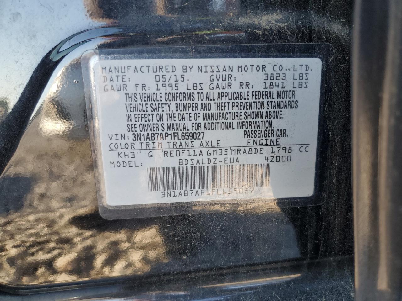 2015 Nissan Sentra S VIN: 3N1AB7AP1FL659027 Lot: 82613565