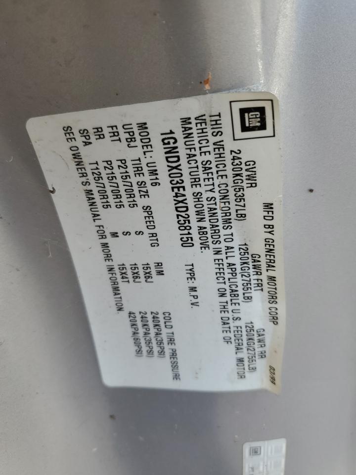 1999 Chevrolet Venture VIN: 1GNDX03E4XD258150 Lot: 85884485