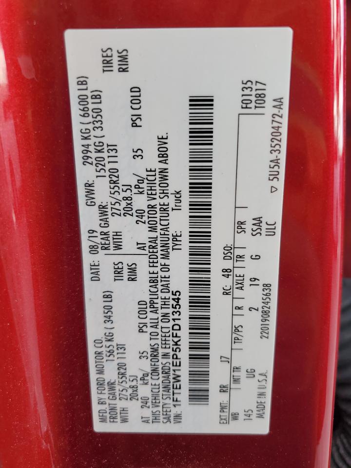 2019 Ford F150 Supercrew VIN: 1FTEW1EP5KFD13545 Lot: 90811025