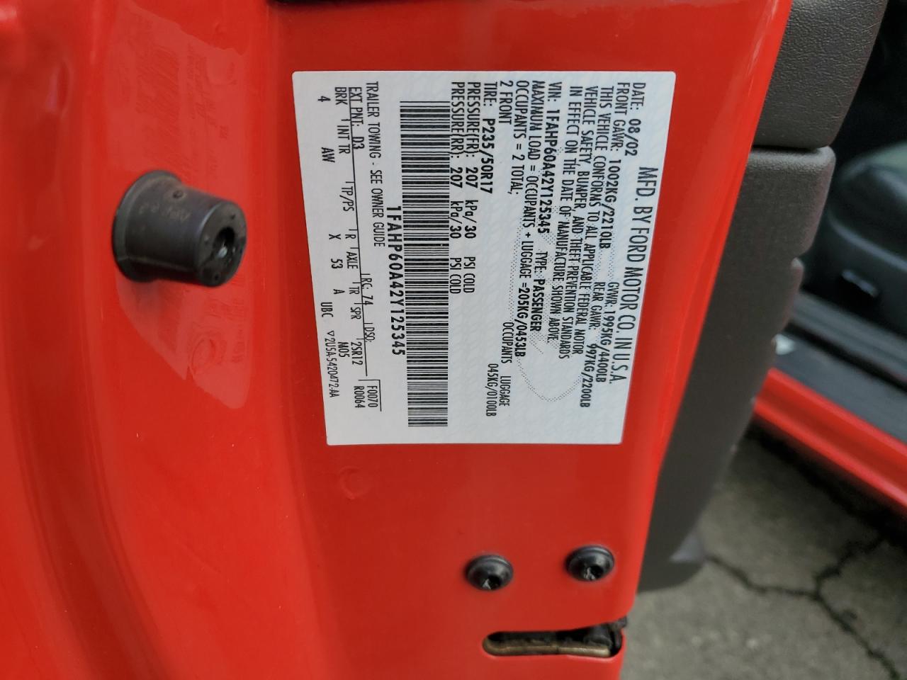 2002 Ford Thunderbird VIN: 1FAHP60A42Y125345 Lot: 90083965