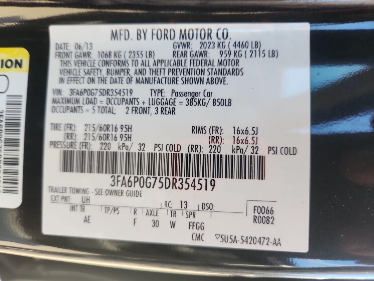 2013 Ford Fusion S VIN: 3FA6P0G75DR354519 Lot: 81964995