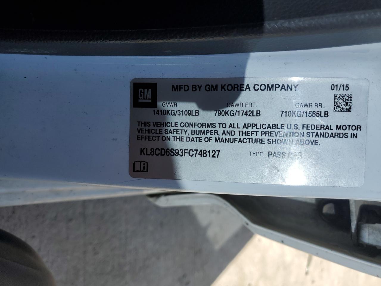 2015 Chevrolet Spark 1Lt VIN: KL8CD6S93FC748127 Lot: 86627865