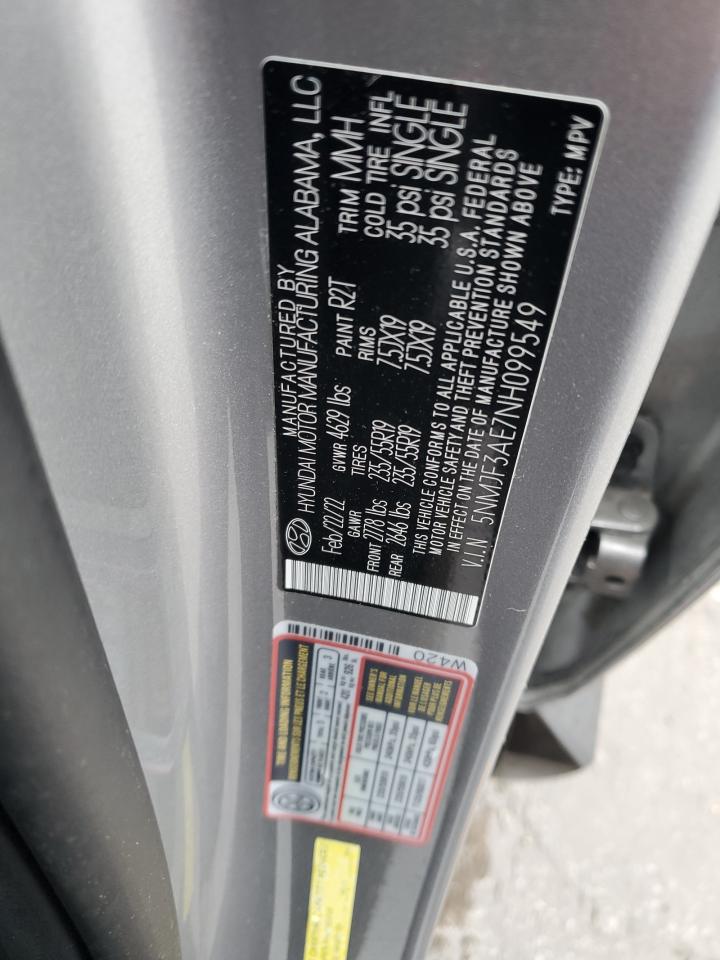 2022 Hyundai Tucson Sel VIN: 5NMJF3AE7NH099549 Lot: 90425445