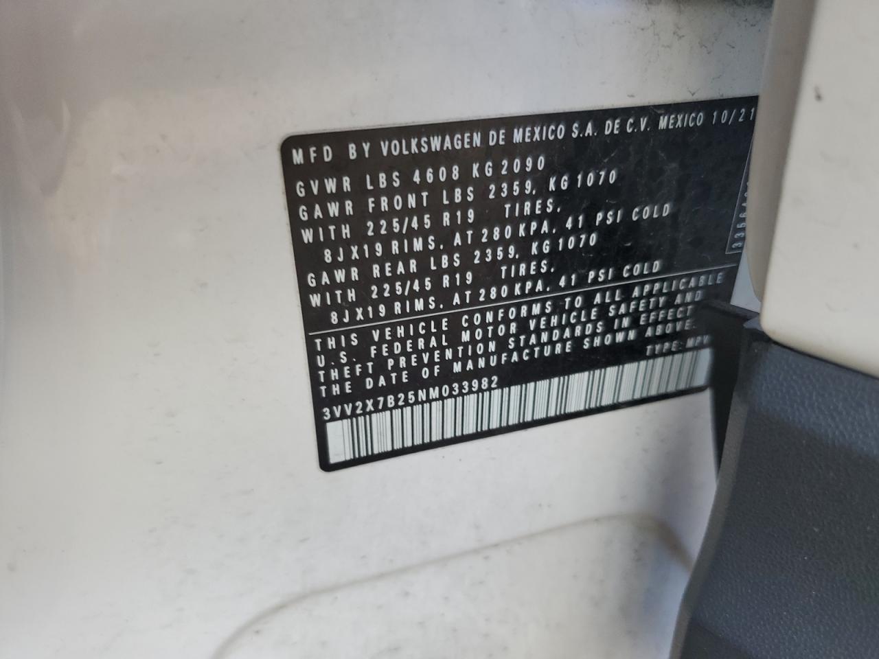 2022 Volkswagen Taos Sel VIN: 3VV2X7B25NM033982 Lot: 85552945