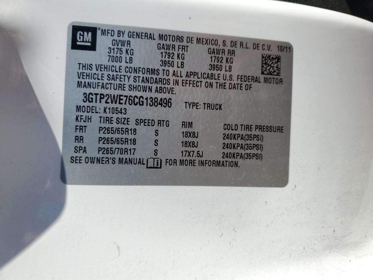 2012 GMC Sierra K1500 Slt VIN: 3GTP2WE76CG138496 Lot: 87218885