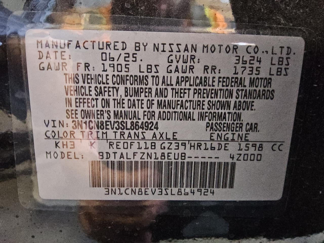 2025 Nissan Versa Sv VIN: 3N1CN8EV3SL864924 Lot: 86652245