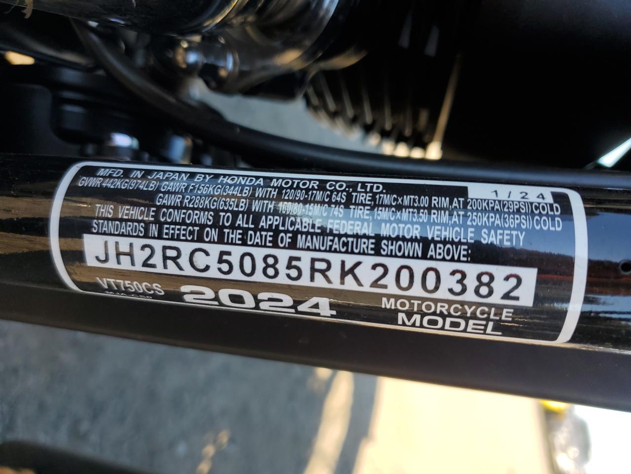 2024 Honda Vt750 Cs VIN: JH2RC5085RK200382 Lot: 85277525