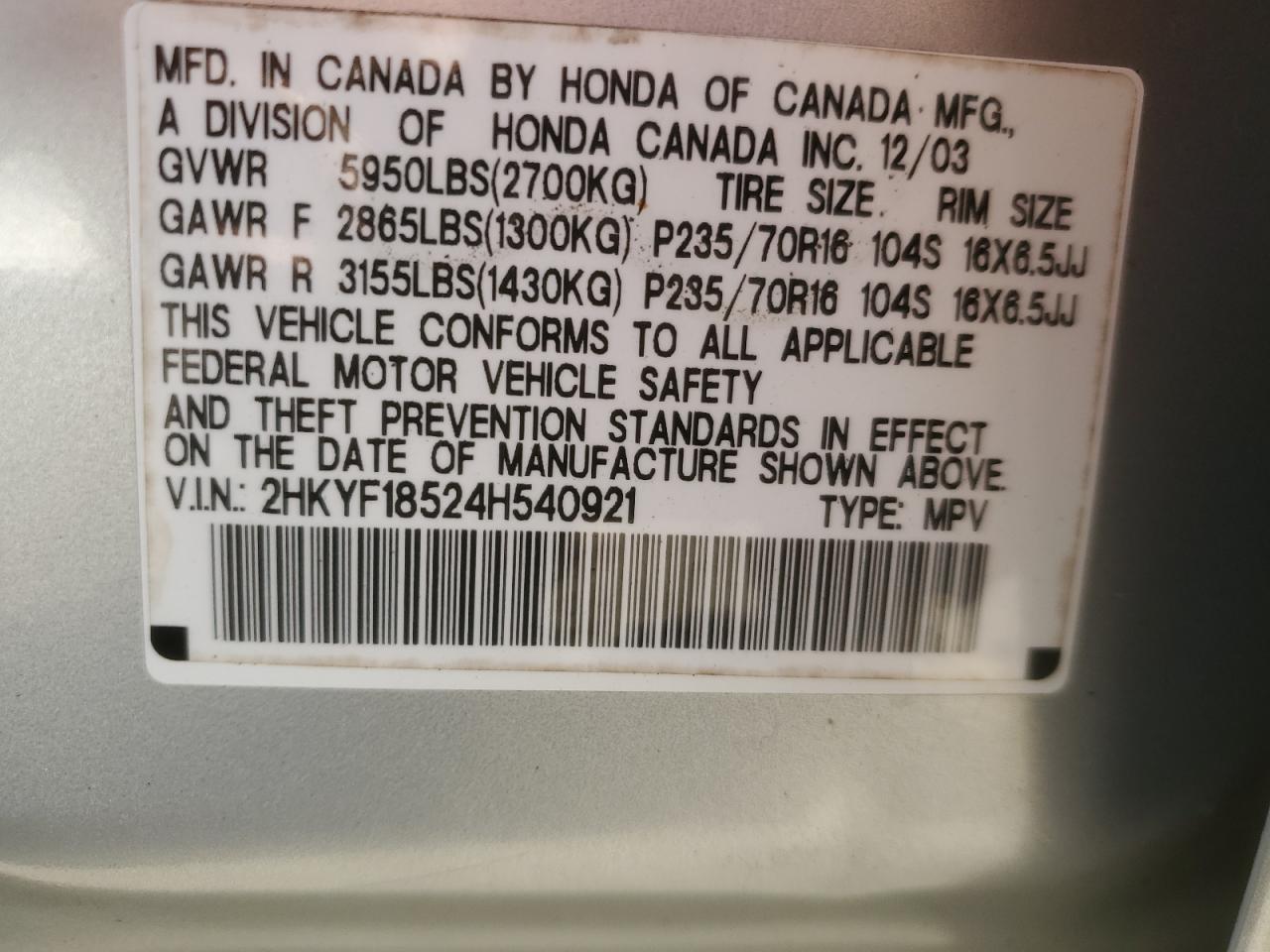 2004 Honda Pilot Exl VIN: 2HKYF18524H540921 Lot: 85381755
