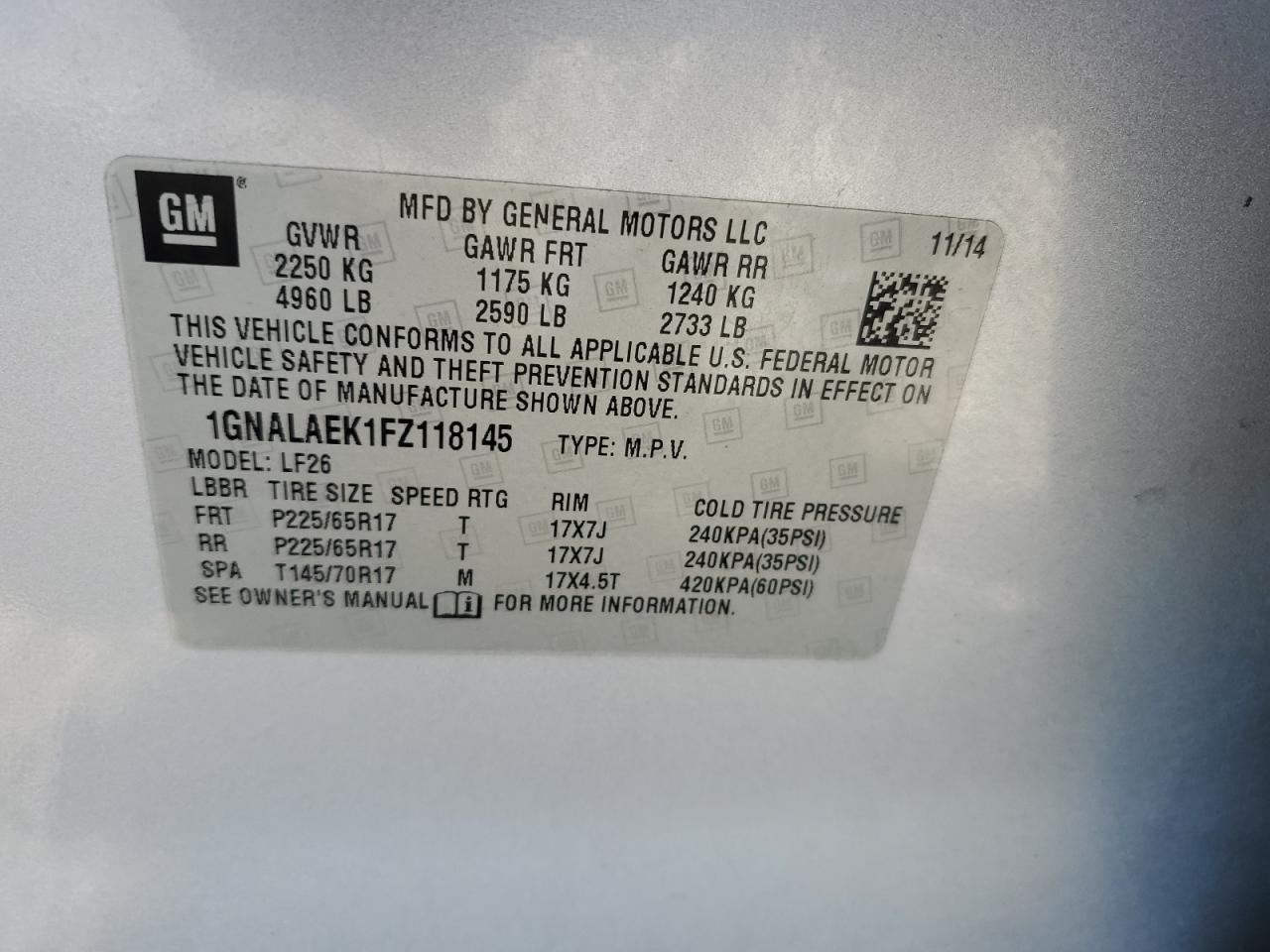 2015 Chevrolet Equinox Ls VIN: 1GNALAEK1FZ118145 Lot: 84439805