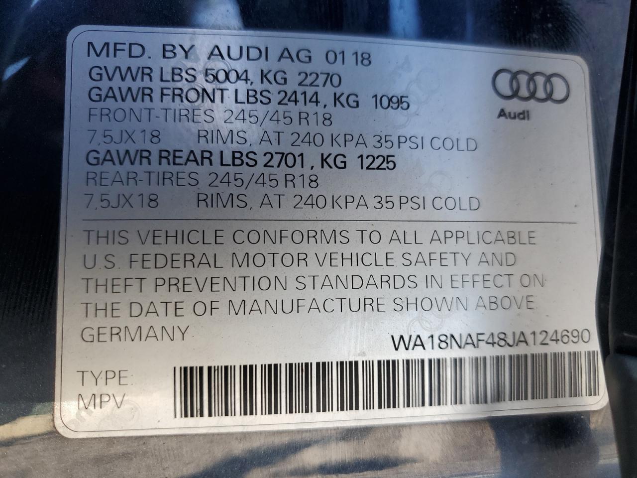 2018 Audi A4 Allroad Premium Plus VIN: WA18NAF48JA124690 Lot: 86749515