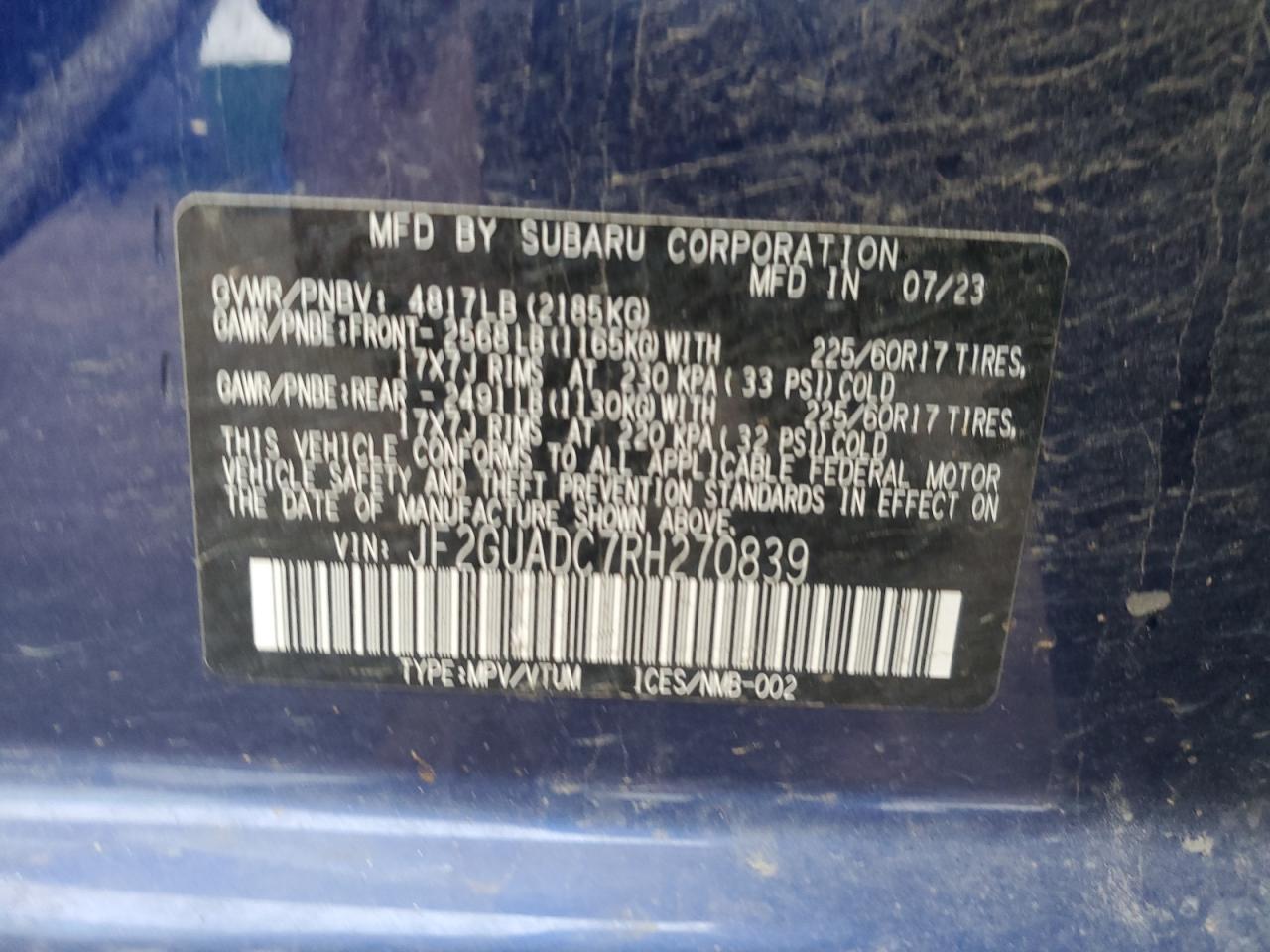 2024 Subaru Crosstrek Premium VIN: JF2GUADC7RH270839 Lot: 82306305