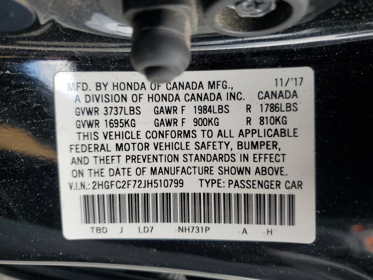 2018 Honda Civic Ex VIN: 2HGFC2F72JH510799 Lot: 85934545