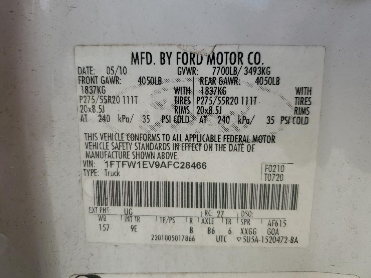 2010 Ford F150 Supercrew VIN: 1FTFW1EV9AFC28466 Lot: 83845085