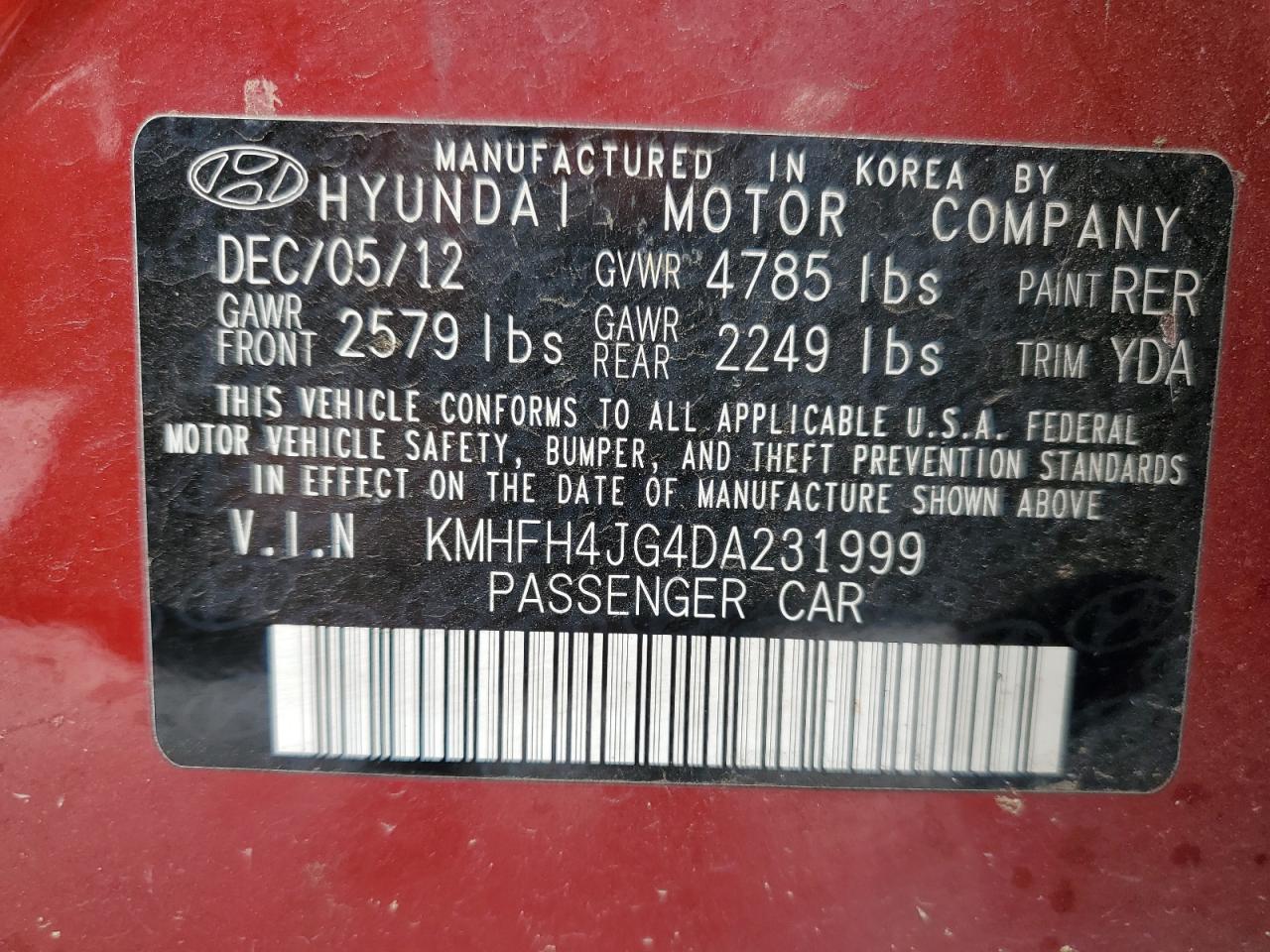 2013 Hyundai Azera Gls VIN: KMHFH4JG4DA231999 Lot: 90128845