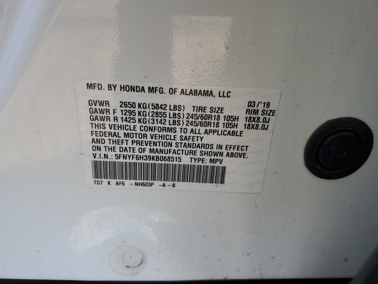 2019 Honda Pilot Ex VIN: 5FNYF6H39KB068515 Lot: 82296545