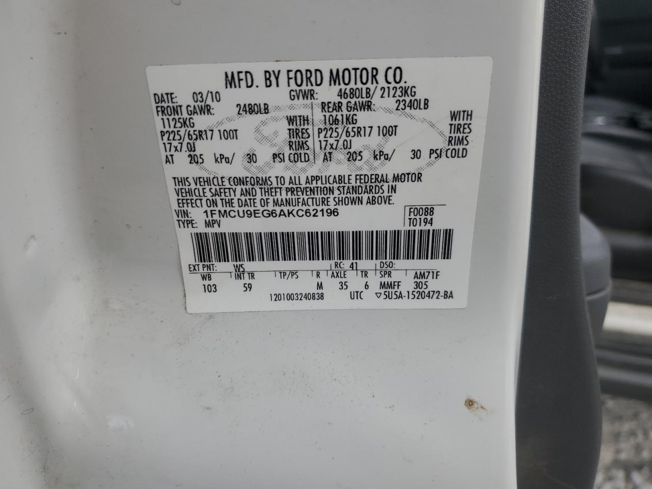 2010 Ford Escape Limited VIN: 1FMCU9EG6AKC62196 Lot: 85103945