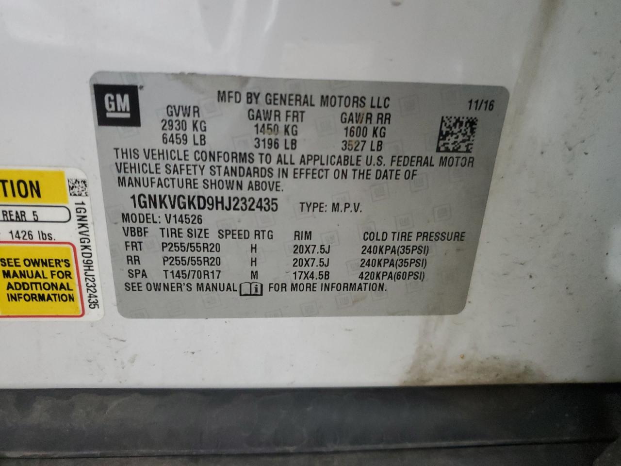 2017 Chevrolet Traverse Lt VIN: 1GNKVGKD9HJ232435 Lot: 84916025