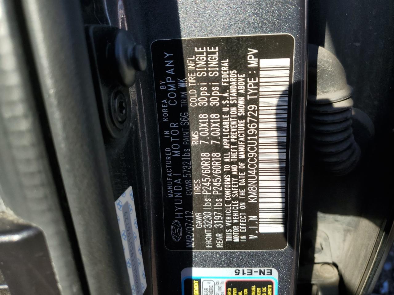 2012 Hyundai Veracruz Gls VIN: KM8NU4CC9CU196729 Lot: 82687715
