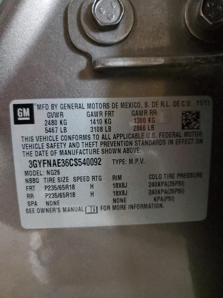 2012 Cadillac Srx Luxury Collection VIN: 3GYFNAE36CS540092 Lot: 85649395