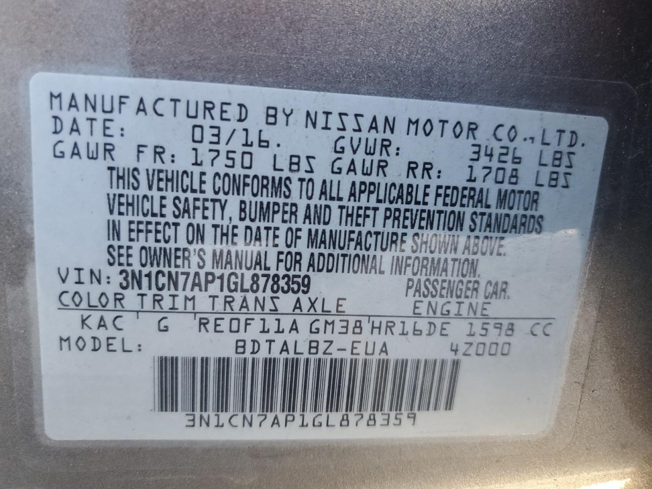 2016 Nissan Versa S VIN: 3N1CN7AP1GL878359 Lot: 81893755